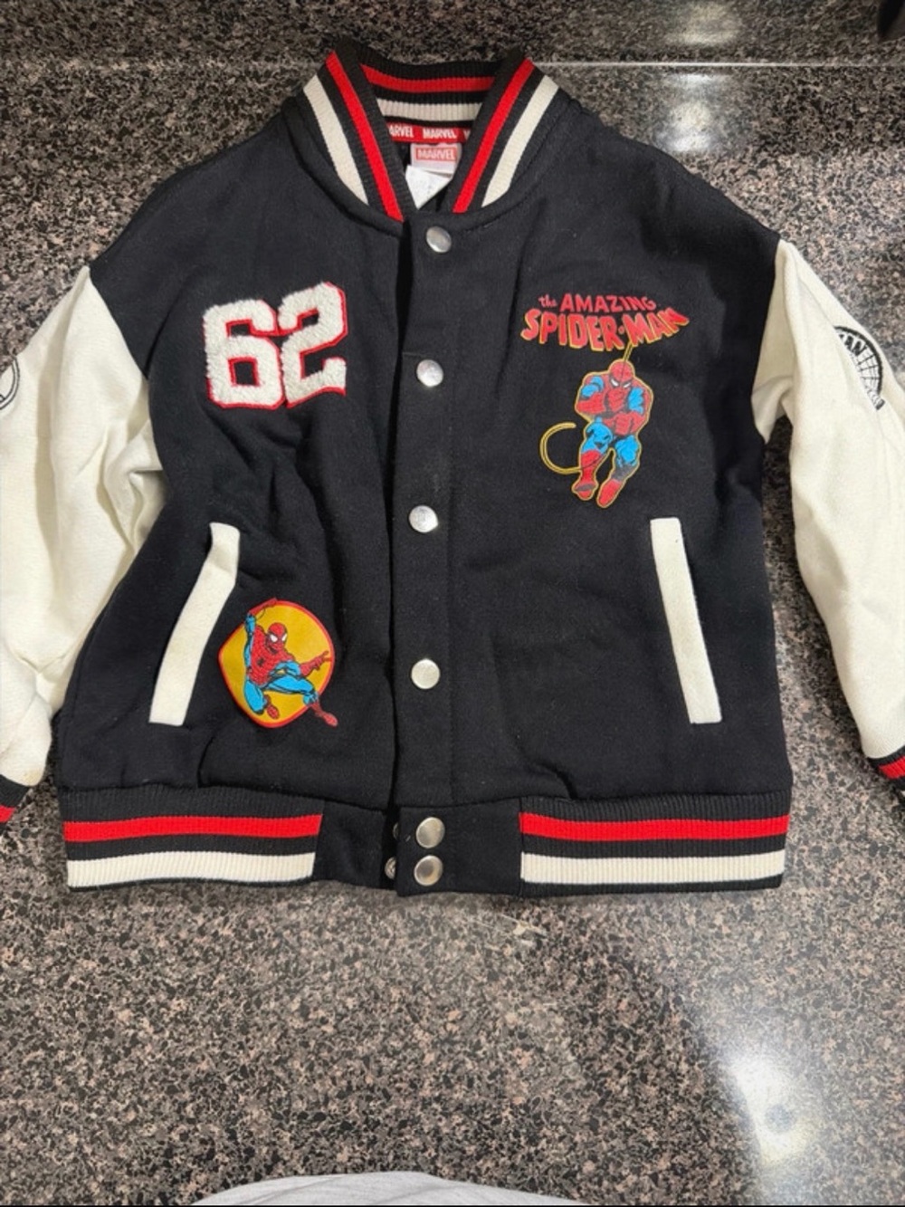 Marvel Kids Black & White Spider-Man Varsity Jacket with Red Trim
